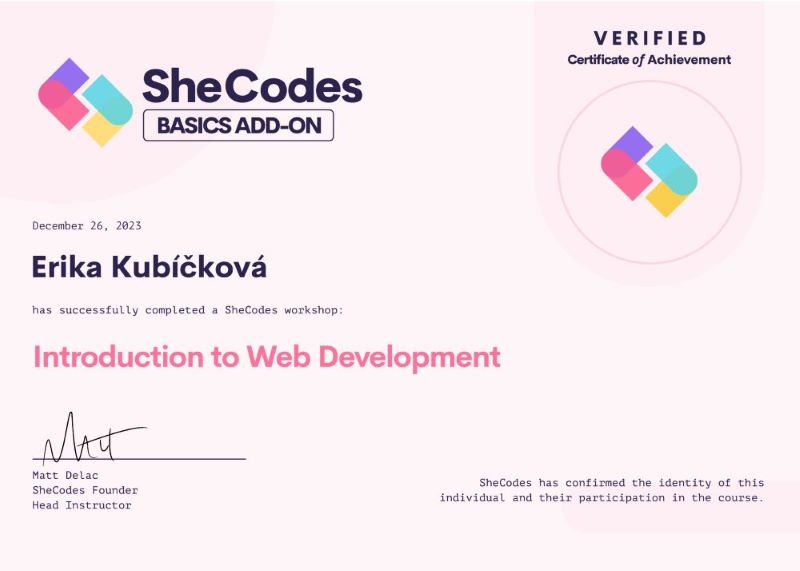 Certificate SheCodes Basics ADD-ON | Erika Kubíčková